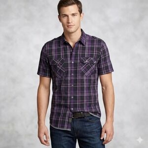 Calvin Klein Jeans Mens Large Purple Black Plaid Short Sleeve Button Down Shirt